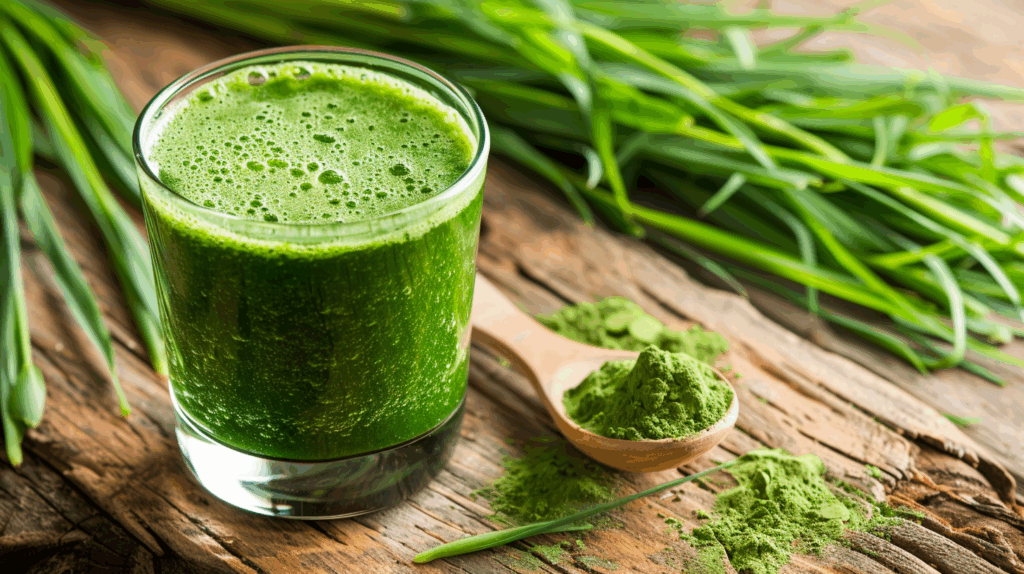 Glas mit hellgrünem Gerstengras-Smoothie auf hellem Untergrund
