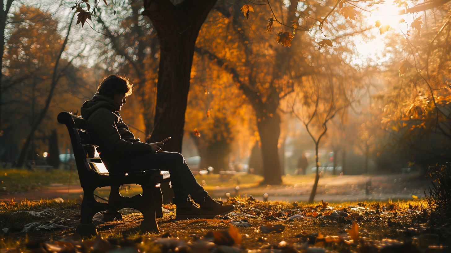 Person im Park mit Smartphone – Symbol für digitale Balance und Achtsamkeit