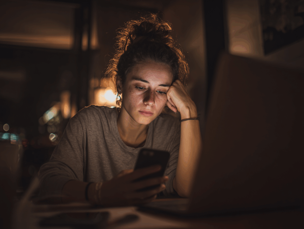Gestresste Person mit Handy und Laptop – Warnsignale bei fehlender digitaler Balance