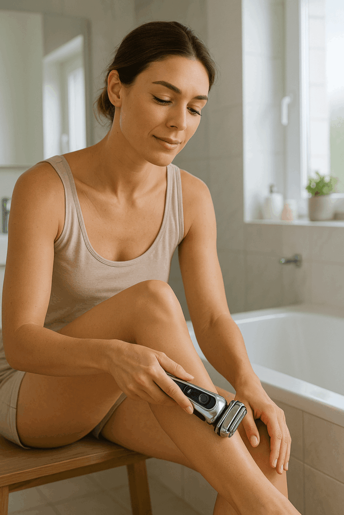 Frau nutzt den Braun Series 9 Pro+ Elektrorasierer zur Beinrasur im modernen Badezimmer.