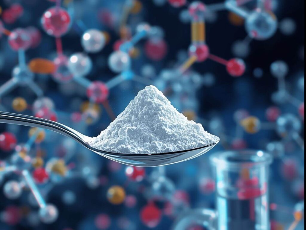 Nahaufnahme von Kollagenpulver auf einem Löffel mit schematischer Molekülstruktur im Hintergrund – wissenschaftlich inspiriertes Bild