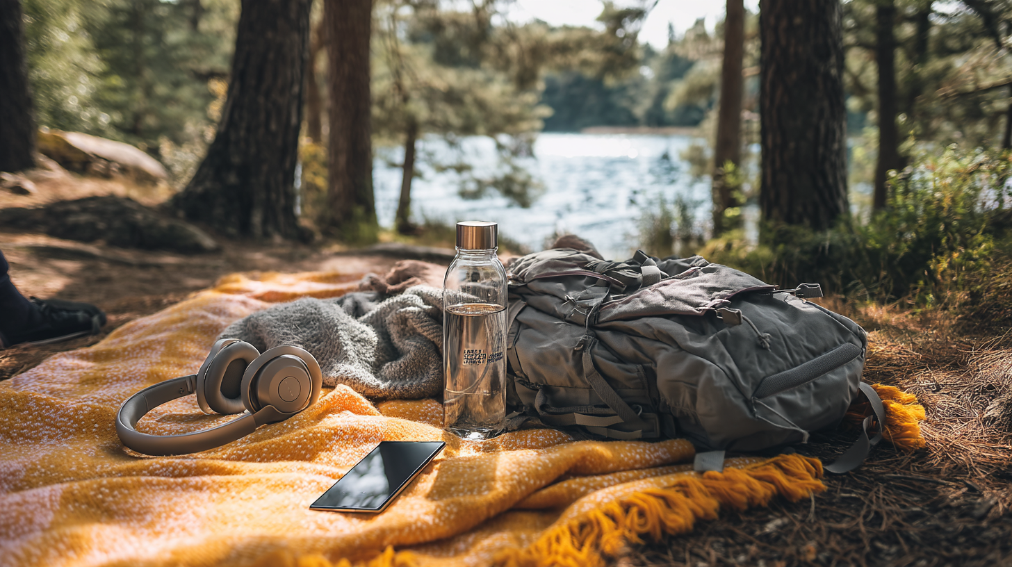 Samsung Galaxy S24 Ultra Test – Lifestyle im Outdoor-Einsatz mit Rucksack, Kopfhörern und Wasserflasche am See