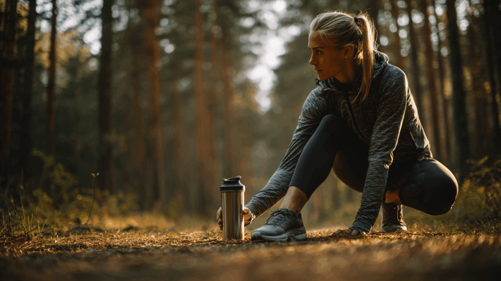 Sportler dehnt sich im Wald nach dem Training und hält einen Shaker mit Kollagen-Drink – Symbol für Regeneration und Gelenkgesundheit
