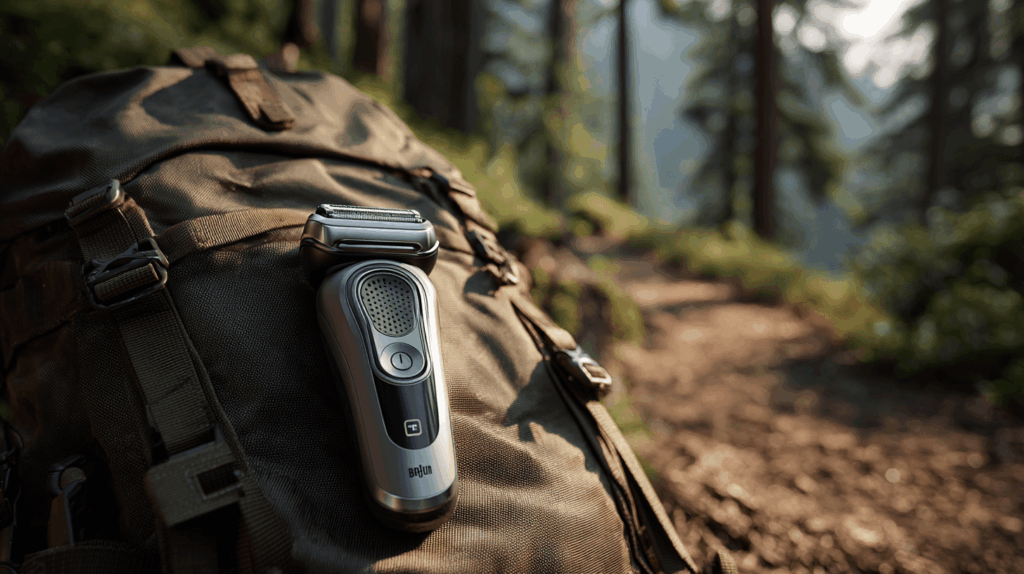 Braun Series 9 Pro+ auf einem Trekking-Rucksack im Wald als Outdoor-Szene.