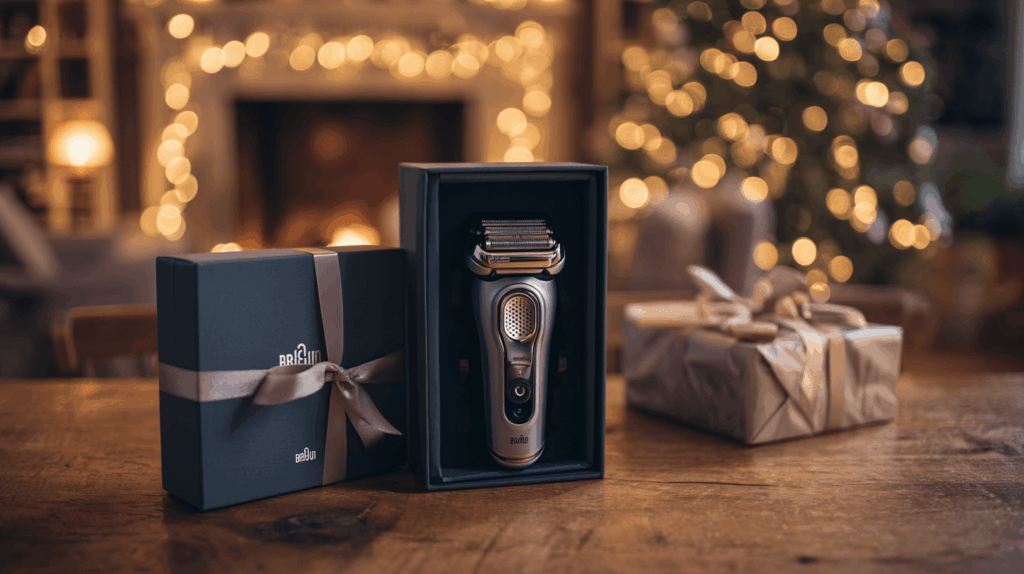 Braun Series 9 Pro+ als Geschenk in hochwertiger Verpackung mit Schleife auf Holztisch