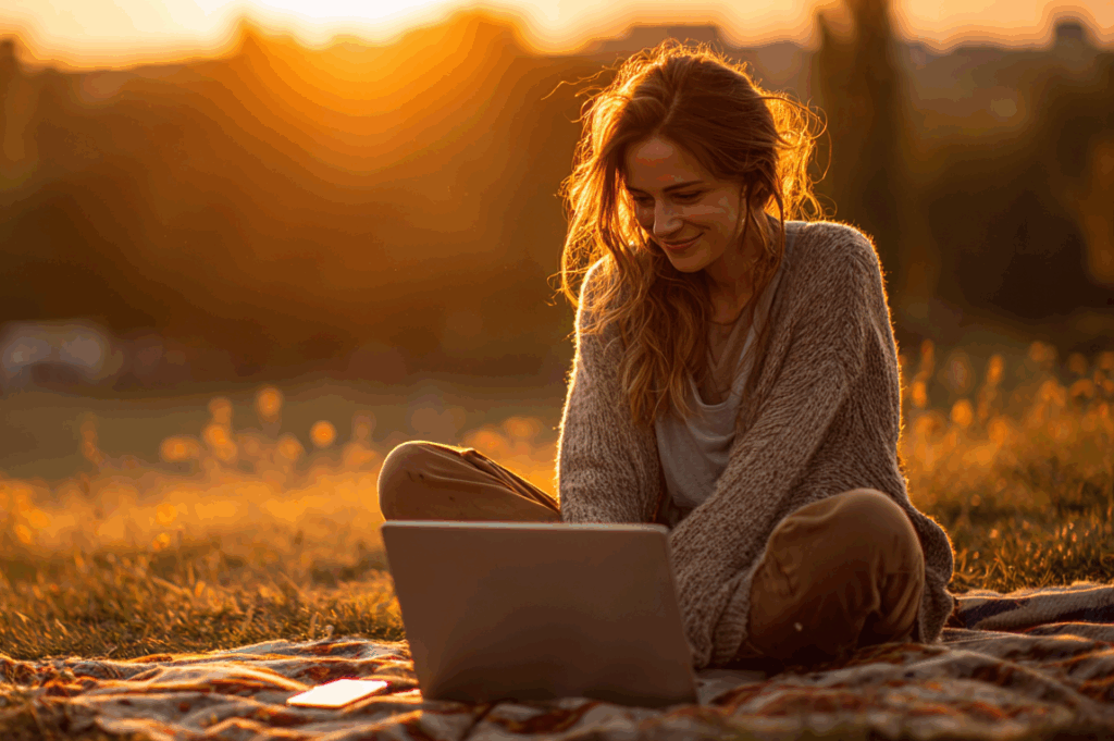 Frau arbeitet mit Laptop auf einer Wiese bei Sonnenuntergang