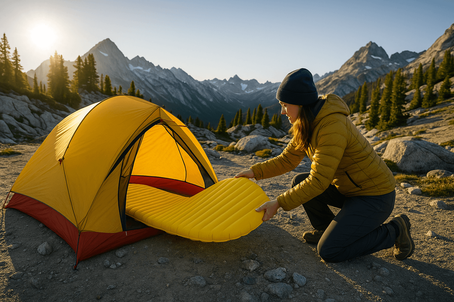 Frau legt Therm-a-Rest NeoAir XLite NXT Isomatte ins Zelt in alpinem Gelände bei Morgenlicht – realistisches Setup im Gebirge