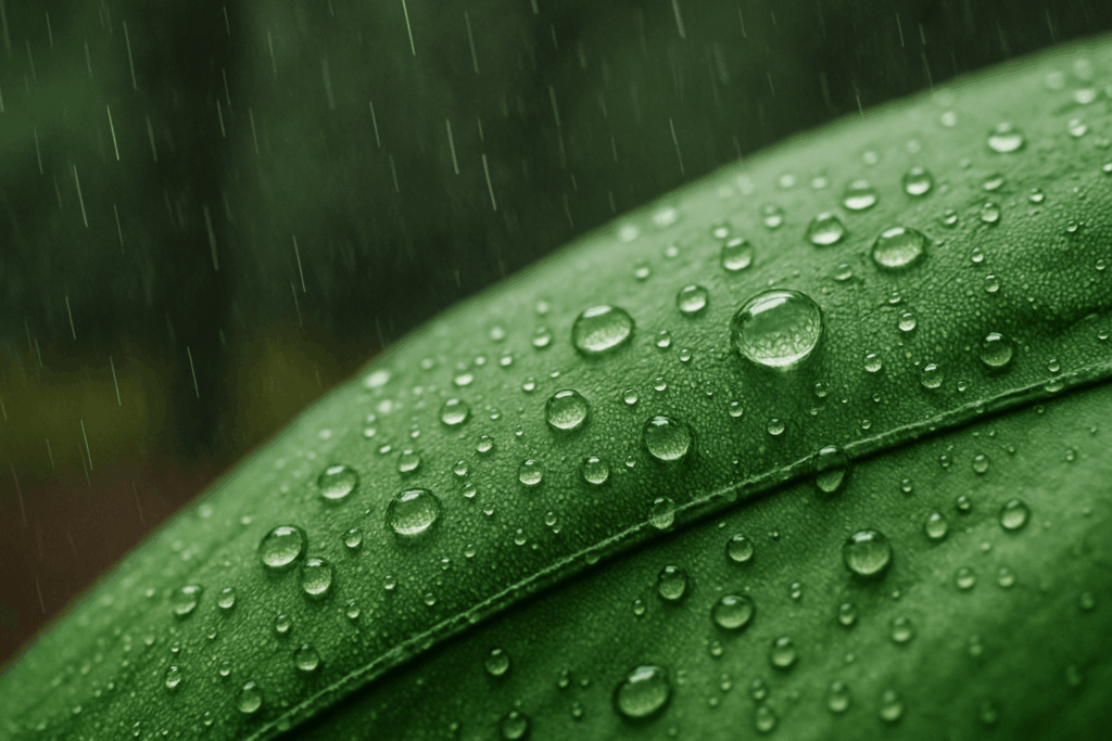 Wassertropfen perlen auf Zeltstoff ab – Beispiel für hohe Wassersäule und wasserdichte Beschichtung