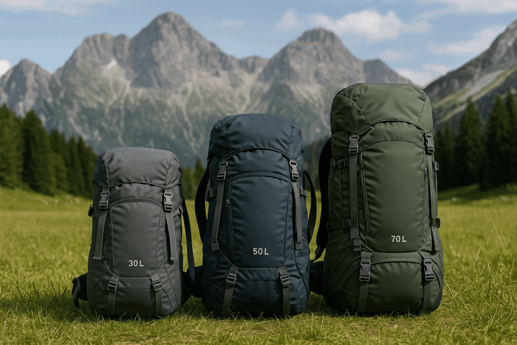 Drei Trekkingrucksäcke in verschiedenen Größen (30, 50 und 70 Liter) als Größenvergleich auf einer Wiese