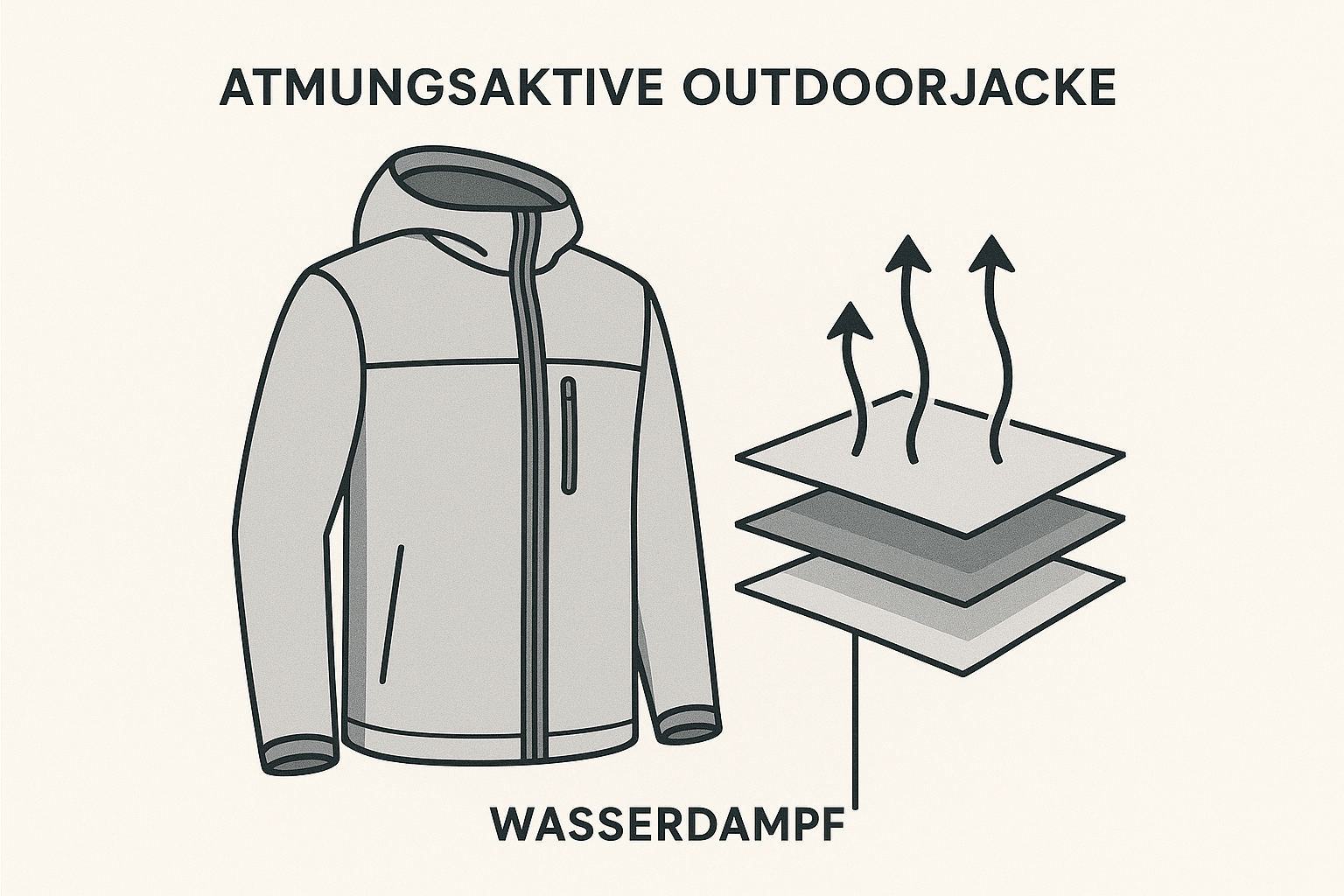 Infografik einer atmungsaktiven Outdoorjacke mit Schichtenaufbau und Pfeilen, die Feuchtigkeit nach außen transportieren