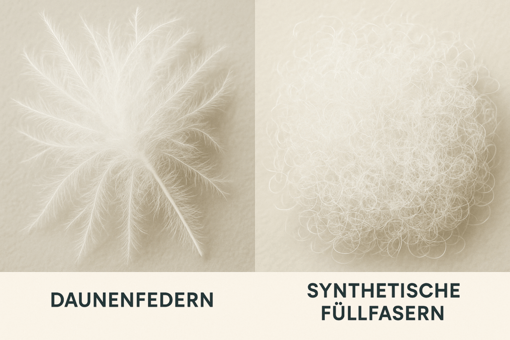 Vergleichsbild: links Daunenfedern, rechts synthetische Füllfasern – Unterschiede bei Isolationsmaterialien