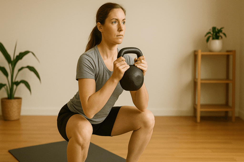 Vrouw traint met kettlebell in huis.