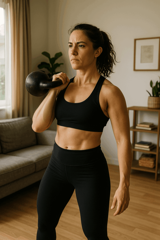 Frau stabilisiert eine Kettlebell in Rack-Position vor dem Überkopfdrücken