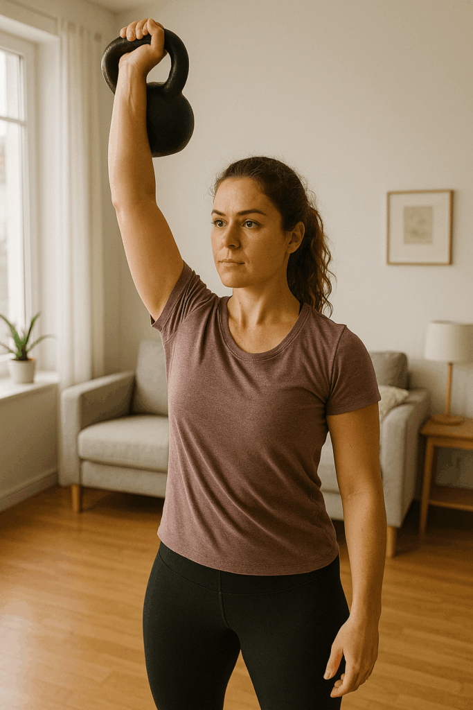 Frau führt kontrollierten Kettlebell Press im Wohnzimmer aus
