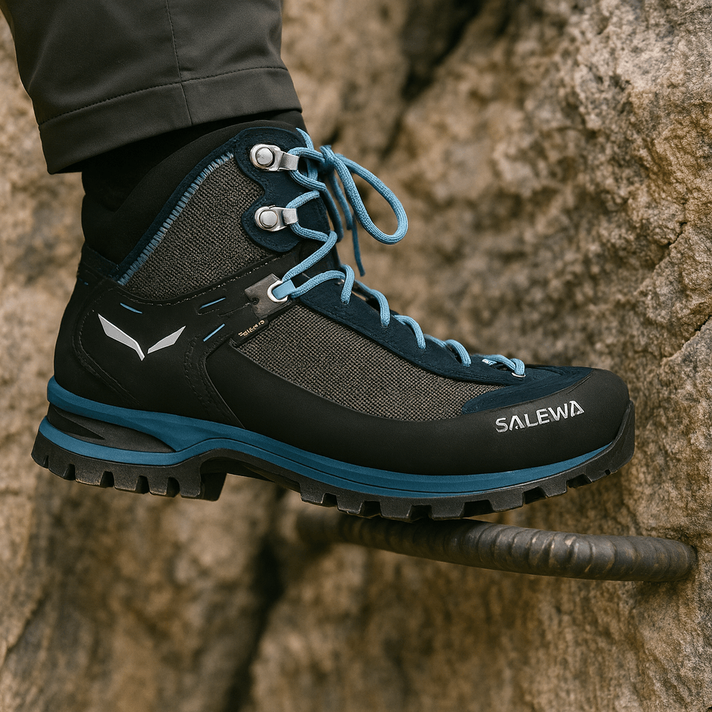 „Salewa Crow Gore-Tex Damen Bergschuh steht stabil auf einer Via Ferrata-Stahlstufe, Bein in Outdoor-Hose. Felswand im Hintergrund, Fokus auf Grip, Präzision und Stabilität.“