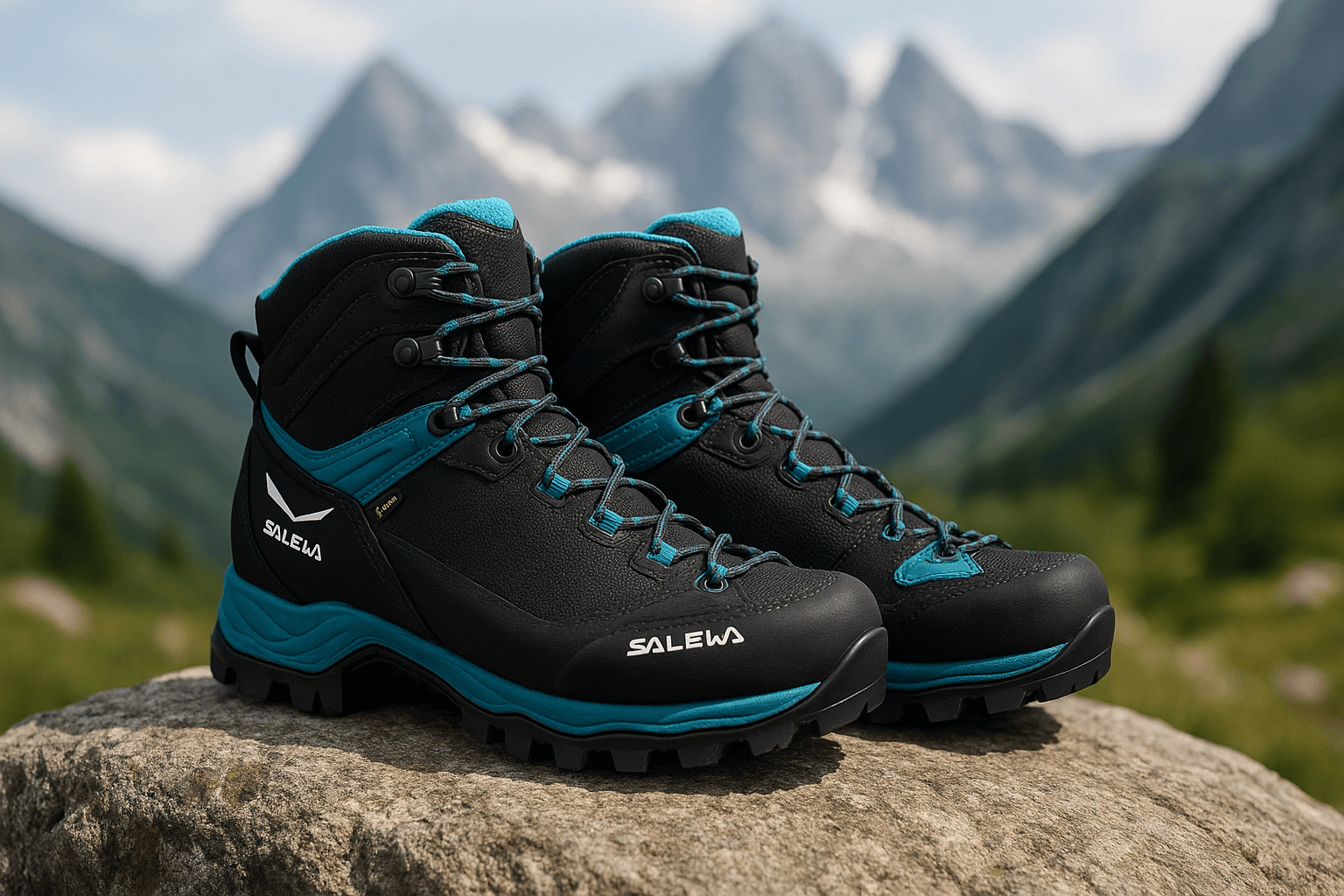 Salewa Crow Gore-Tex Damen Bergschuhe auf einem Stein mit unscharfem Alpenpanorama im Hintergrund. Robustes Outdoor-Design mit blauer Vibram-Sohle und Gore-Tex-Schutz