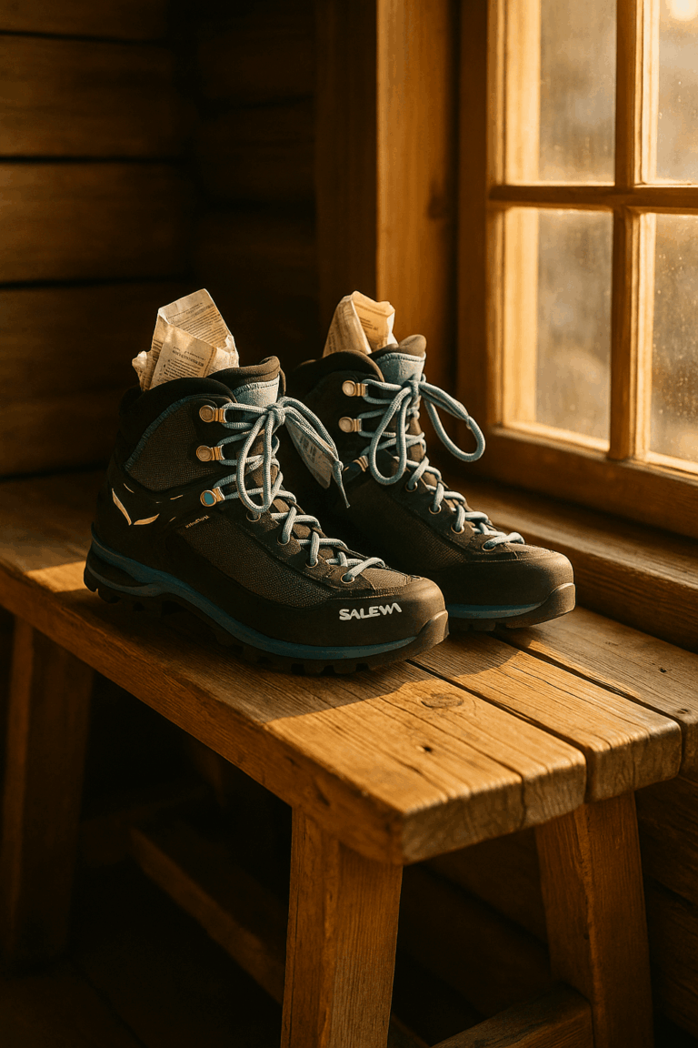 Salewa Crow Gore-Tex Damen Bergschuhe trocknen in einer Berghütte auf einer Holzbank mit Zeitungspapier im Inneren. Warmes Sonnenlicht fällt durch das Fenster, rustikale Atmosphäre.“