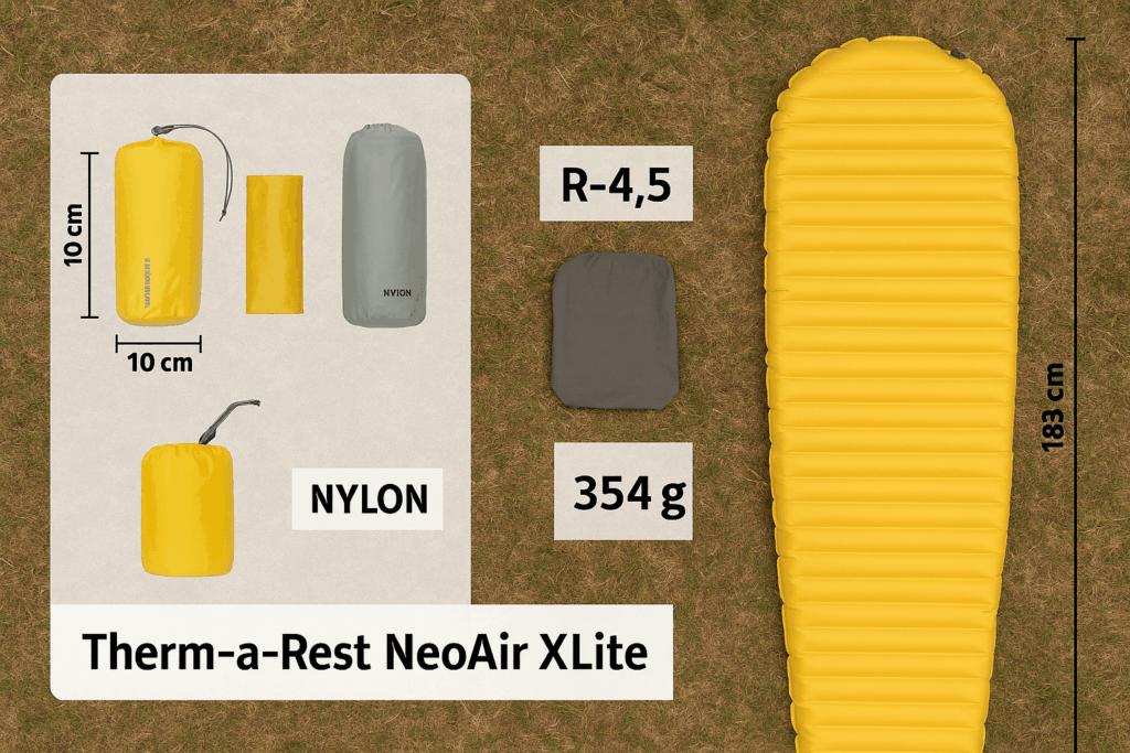 Therm-a-Rest NeoAir XLite NXT mit Pumpsack, Packsack und Reparaturset auf neutralem Hintergrund – Lieferumfang im Überblick