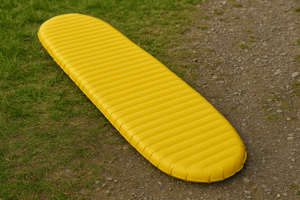 Therm-a-Rest NeoAir XLite NXT halb auf Gras, halb auf Schotter – strapazierfähiges Material im Härtetest.