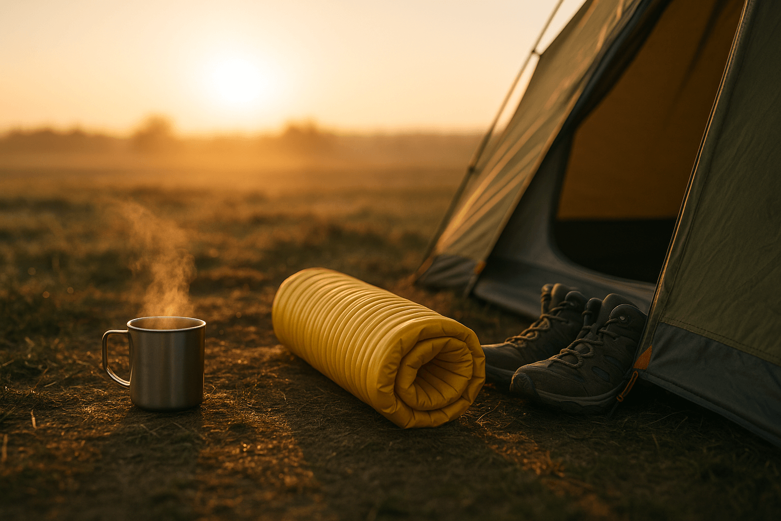 Zusammengerollte Therm-a-Rest NeoAir XLite NXT neben Kaffee und Wanderschuhen vor Zelteingang bei Sonnenaufgang – perfekter Tourabschluss.