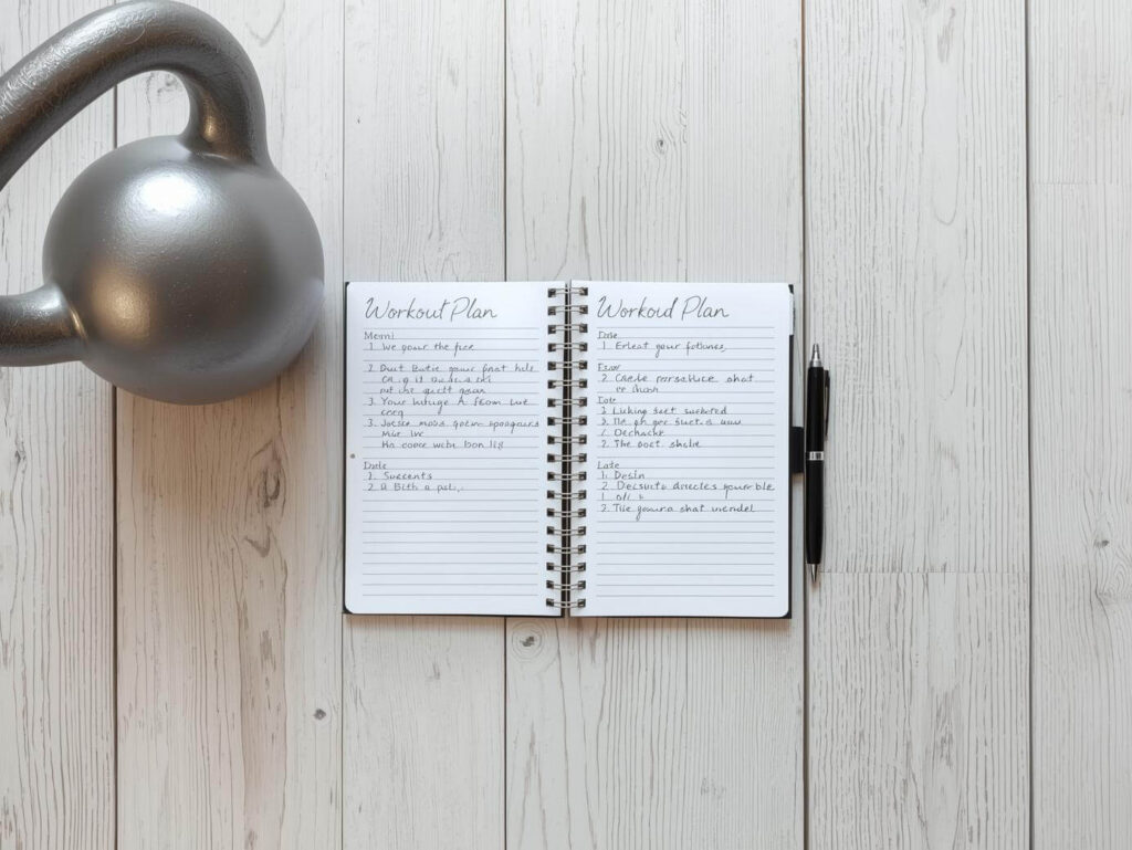 Kettlebell liegt neben geöffnetem Trainingsplan auf Holzboden