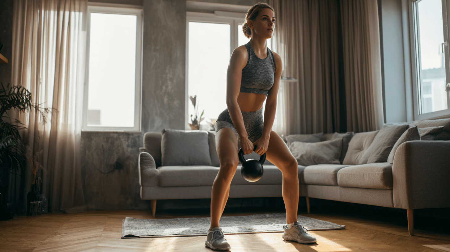 Frau trainiert mit Kettlebell im Wohnzimmer bei natürlichem Licht