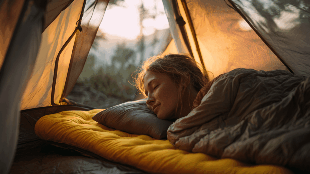 Frau schläft im Zelt auf Therm-a-Rest NeoAir XLite NXT Isomatte, Abendlicht fällt durch die Zeltöffnung – gemütliche Stimmung.