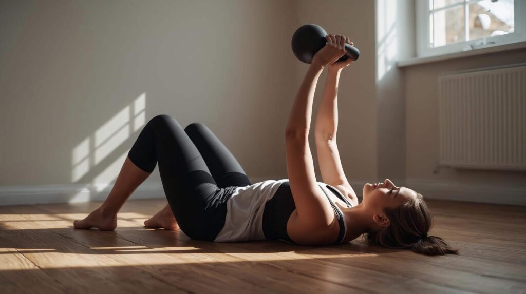 Frau presst Kettlebell im Liegen