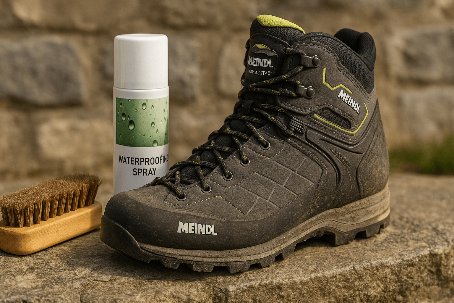 Pflege des Meindl Litepeak GTX mit Bürste und Imprägnierspray – für lange Lebensdauer und Wasserschutz