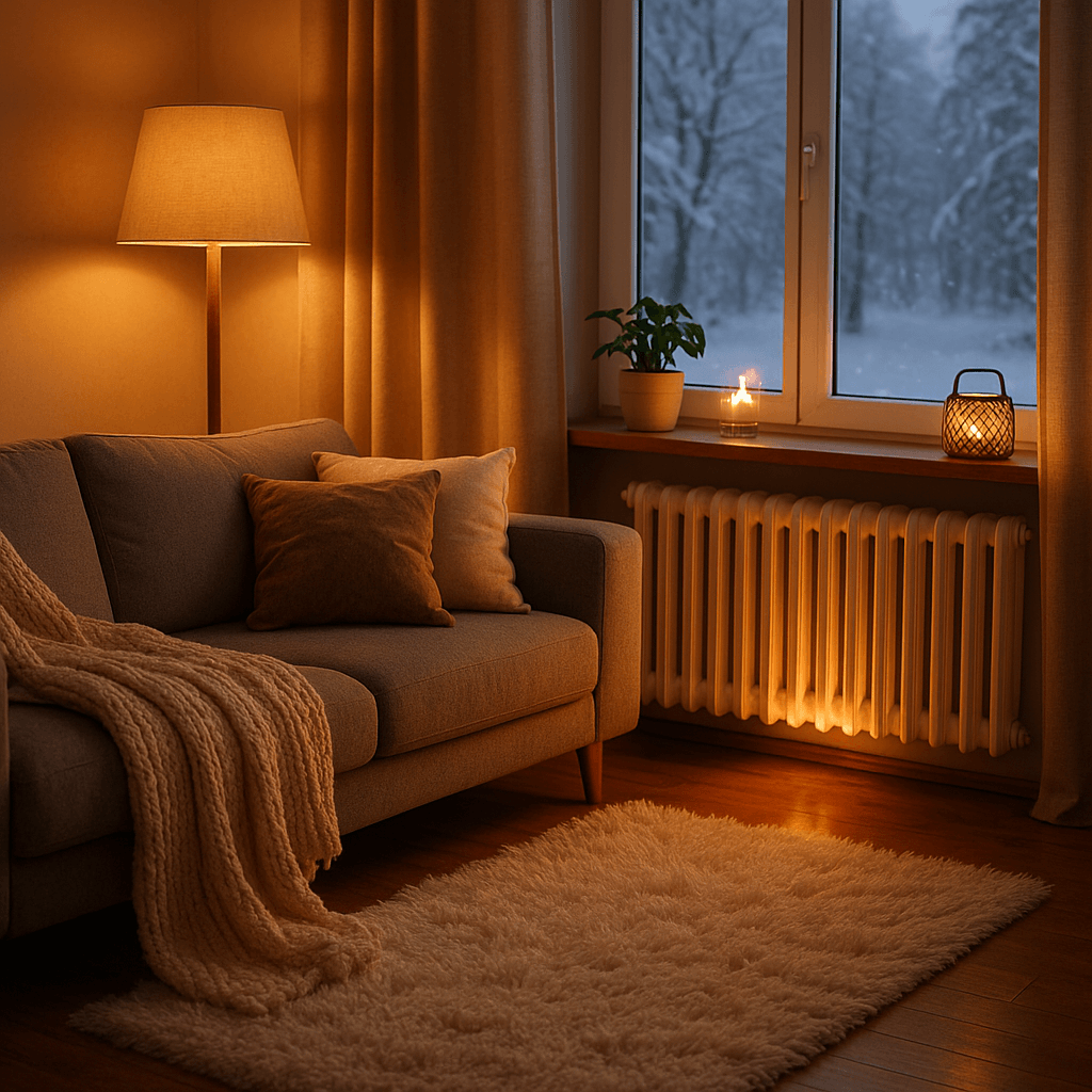 Wohnzimmer mit Sofa, flauschiger Decke, Teppich und warmem Licht – winterliche Einrichtungsidee