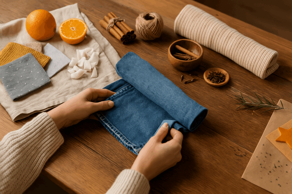 Nachhaltige DIY-Szene auf Holztisch mit Jeans, Stoffresten, Orangen und Zimtstangen – Upcycling-Idee für gemütliches, umweltbewusstes Wohnen im Winter