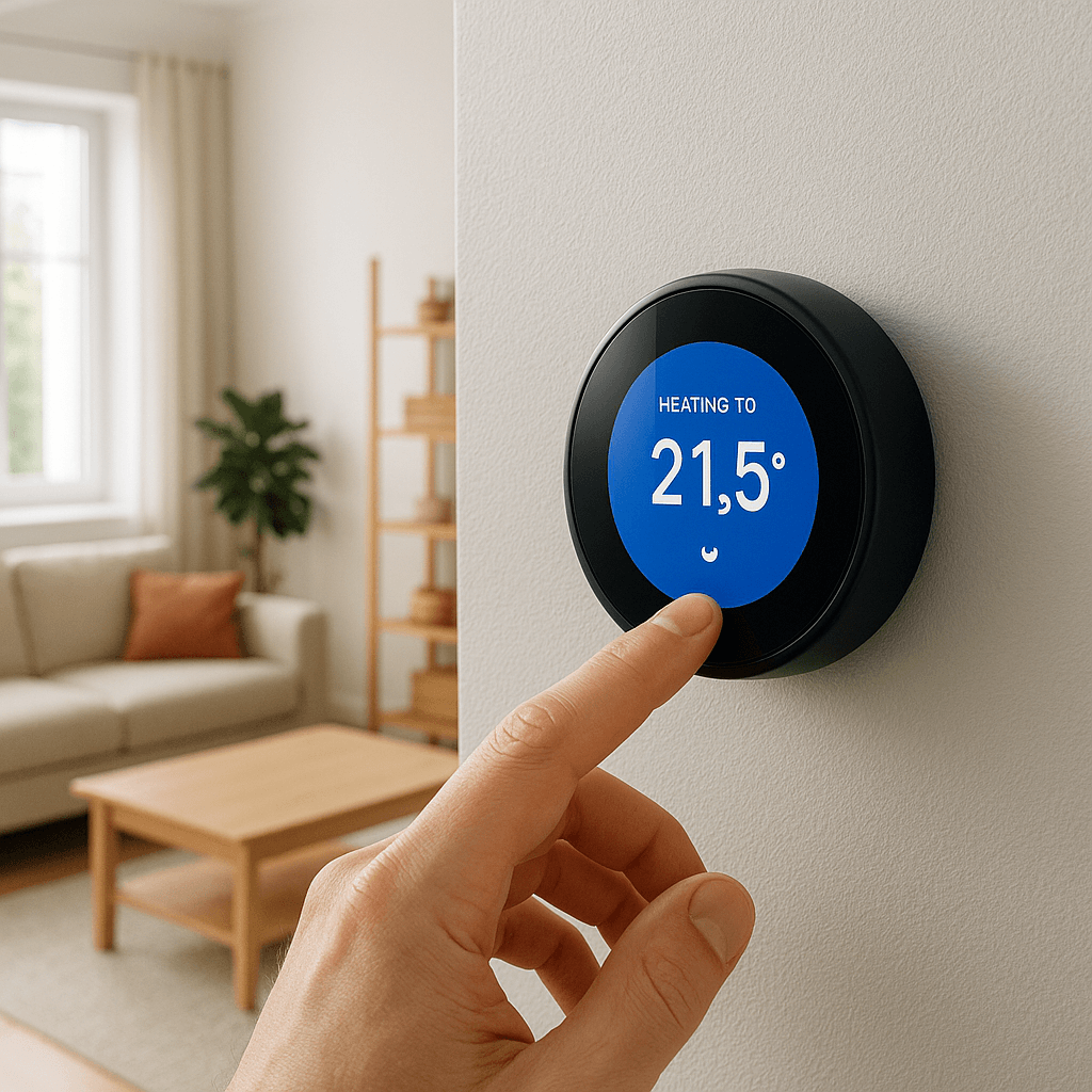 Smarte Heizungssteuerung im modernen Wohnzimmer mit Thermostat an der Wand