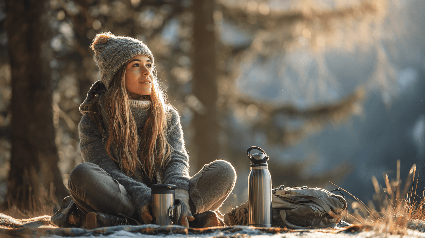 Outdoor-Geschenkideen im Wald mit Edelstahlflasche, Thermobecher und Rucksack