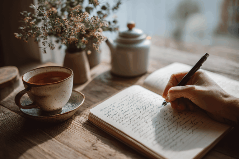 Hand schreibt beim Journaling in ein Notizbuch neben einer Tasse Tee