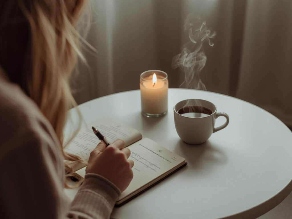 Hand schreibt in Notizbuch – Journaling für Fokus am Morgen