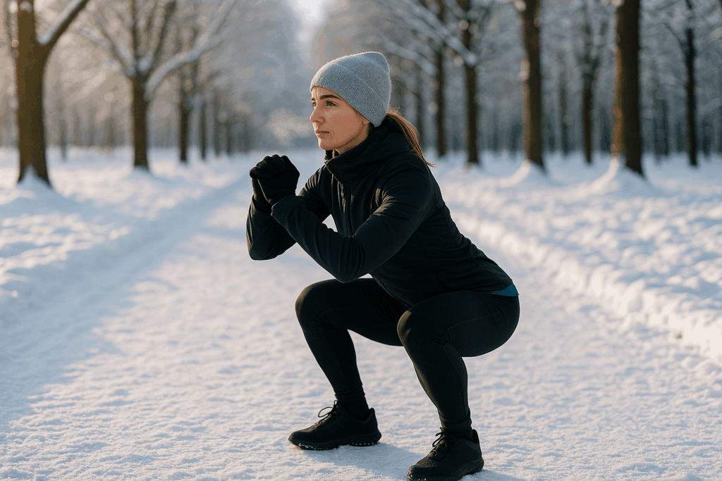 Frau macht Kniebeugen auf einer schneefreien Fläche im Garten oder Park