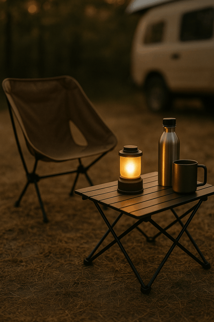 Camping-Komfort mit Campingstuhl, kleinem Tisch, Lampe und Thermobecher am Abend