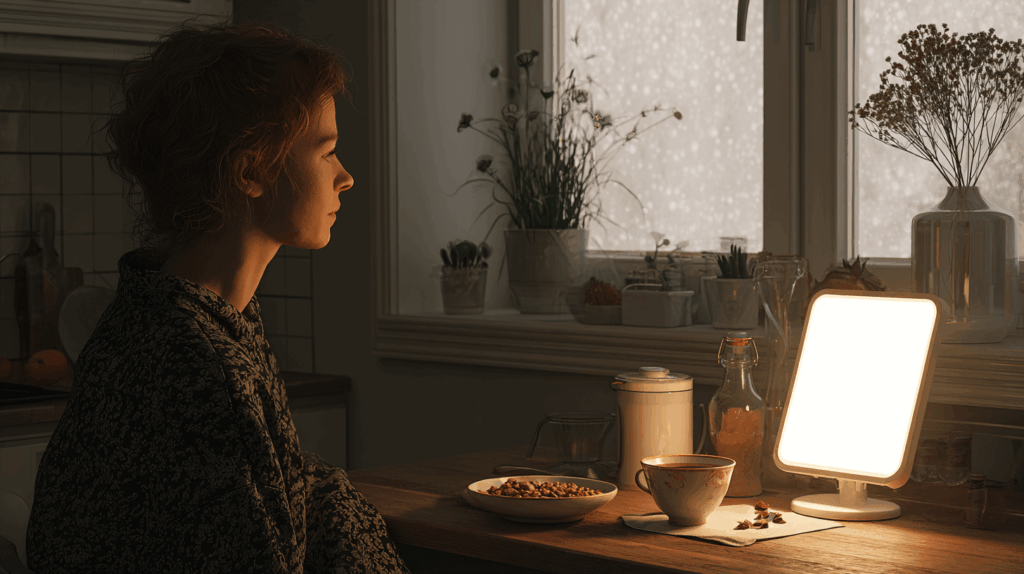 Lichttherapie am Frühstückstisch mit Tageslichtlampe