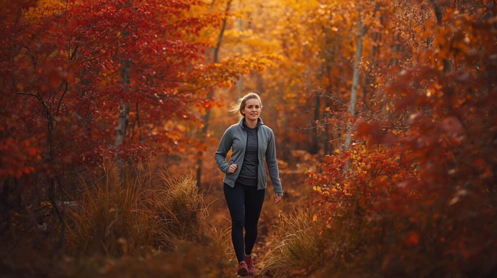 Frau trägt Merino-Baselayer und Fleecejacke beim Wandern im Herbst