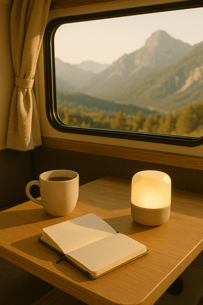 Reise-Setup mit Kaffee und Lichtwecker – Morgenroutine unterwegs