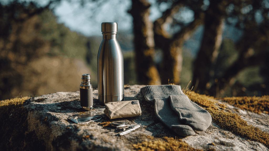 Nachhaltige Outdoor-Geschenke wie Edelstahlflasche und Reparaturset in der Natur