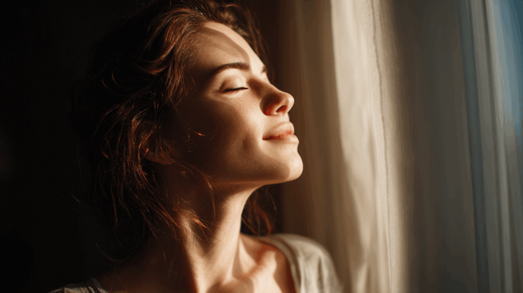 Frau atmet frische Luft am Fenster – natürliche Morgenroutine
