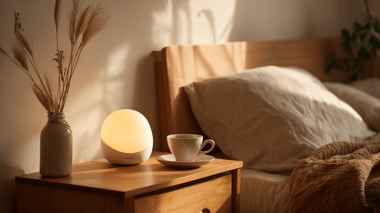 Schlafzimmer im Morgenlicht mit Lichtwecker und Kaffee – stressfreier Start in den Tag