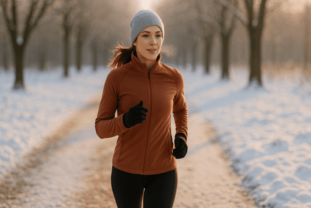 Frau joggt leicht auf einem schneebedeckten Parkweg zum Aufwärmen
