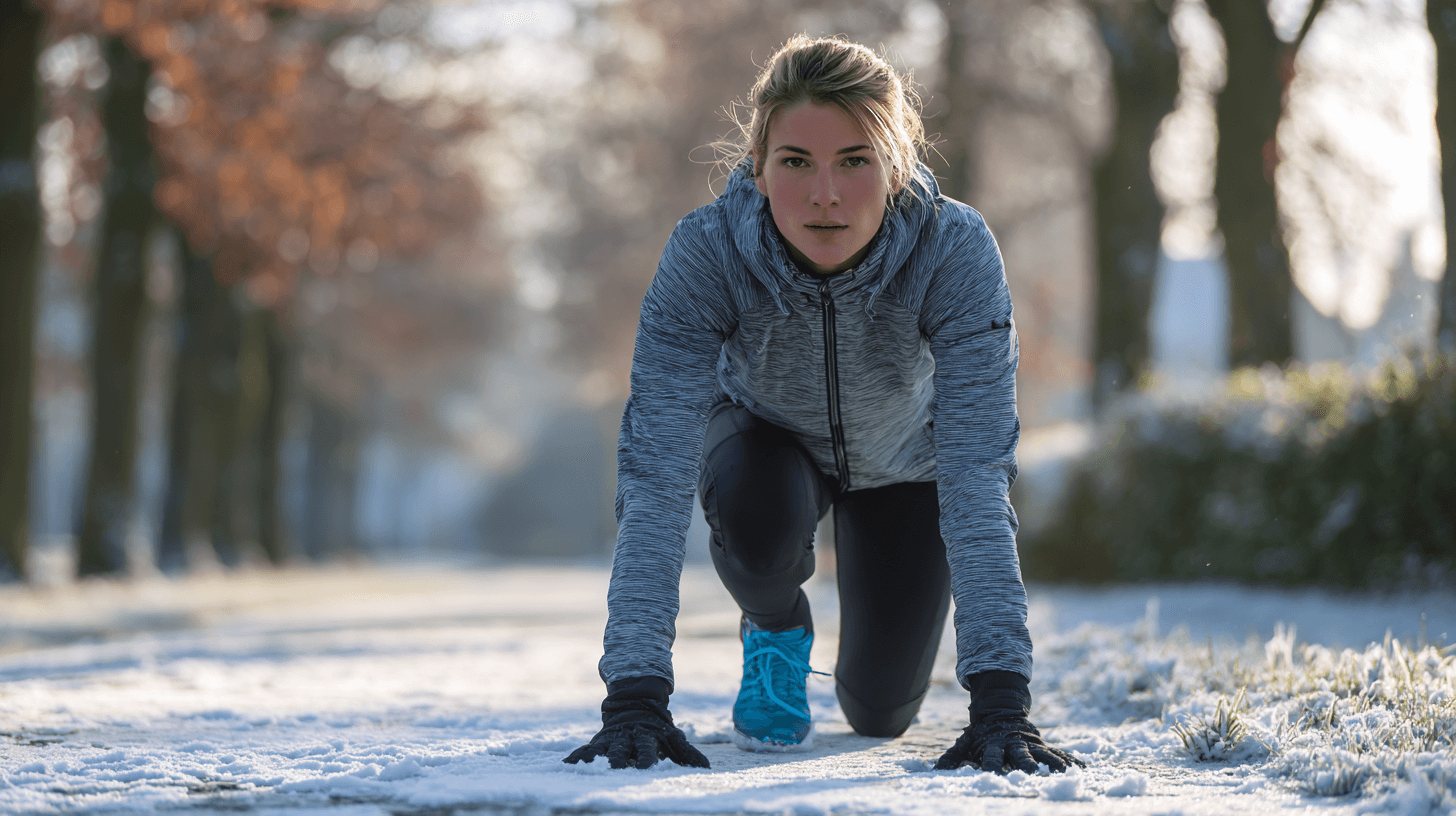 Winterworkout - Frau trainiert draußen im Winter auf einem verschneiten Parkweg