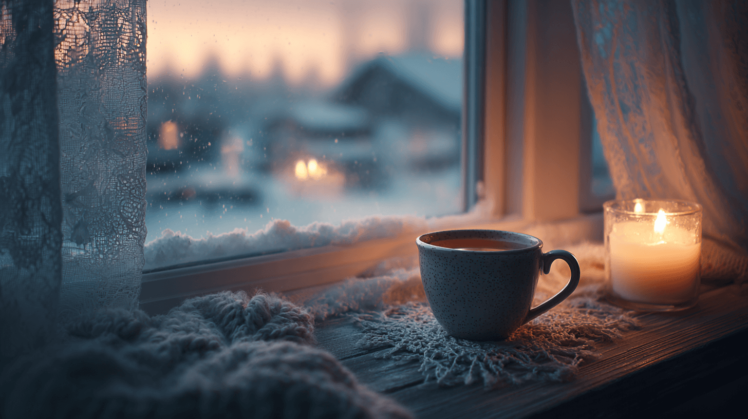 Tasse Tee, Kerzenlicht, Fensterblick auf verschneite Landschaft – ruhige Winterabendstimmung