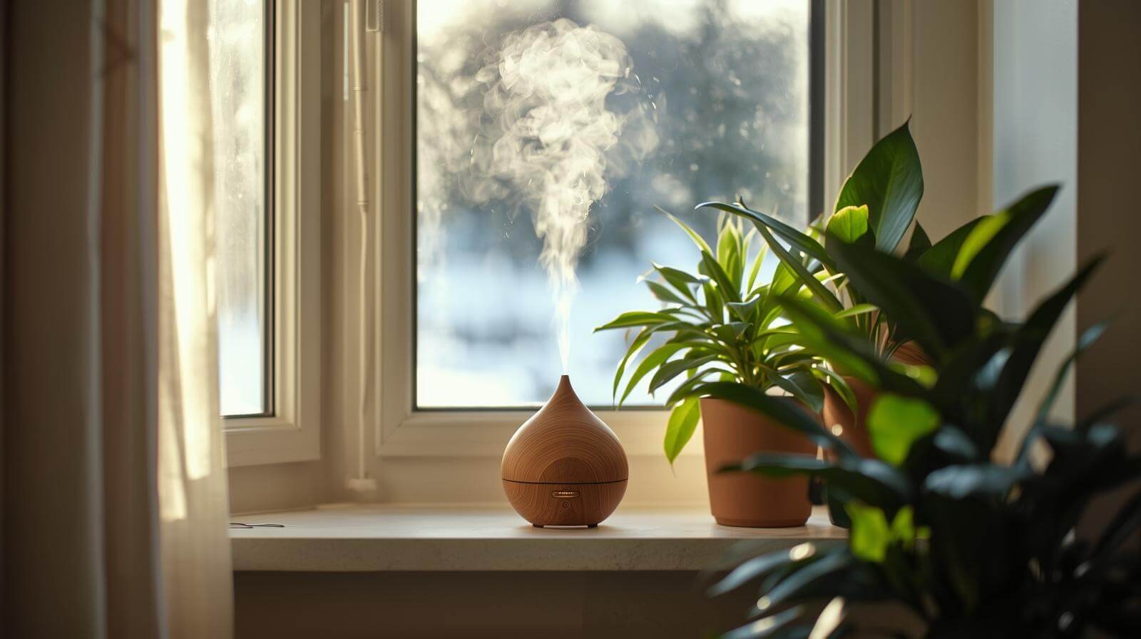 brennende Duftlampe neben einer grünen Zimmerpflanze auf Fenstersims