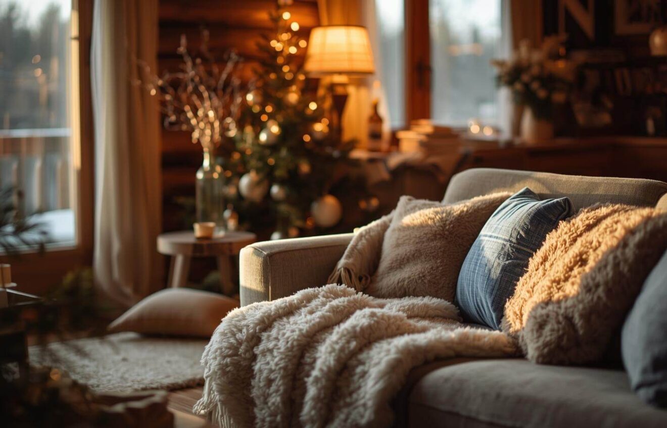 Wohnzimmer mit Sofa, flauschiger Decke, Teppich und warmem Licht – winterliche Einrichtungsidee