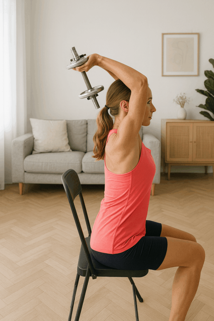 Hellhäutige Frau macht Trizepsdrücken im Sitzen auf einem Stuhl, Hantel hinter dem Kopf, Oberkörpertraining ohne Beinbelastung im modernen Wohnzimmer.