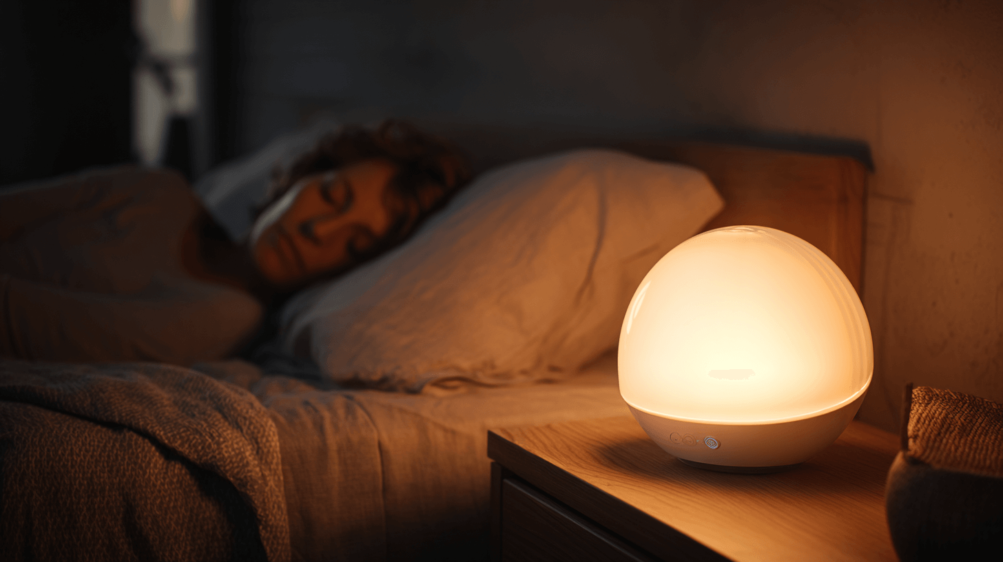 Person wird sanft durch Tageslichtwecker mit Sonnenaufgangssimulation geweckt